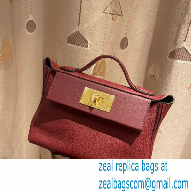 HERMES 24/24 MINI KELLY BAG IN TOGO LEATHER BURGUNDY