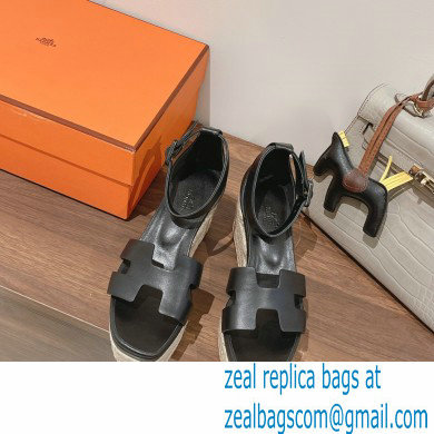 Hermes Heel 8.5cm Platform 5cm Elda Wedge Espadrilles Black 2022 - Click Image to Close