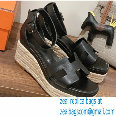 Hermes Heel 8.5cm Platform 5cm Elda Wedge Espadrilles Black 2022