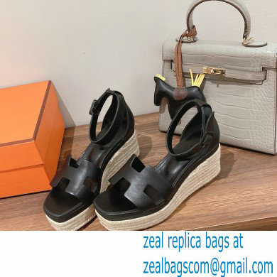 Hermes Heel 8.5cm Platform 5cm Elda Wedge Espadrilles Black 2022