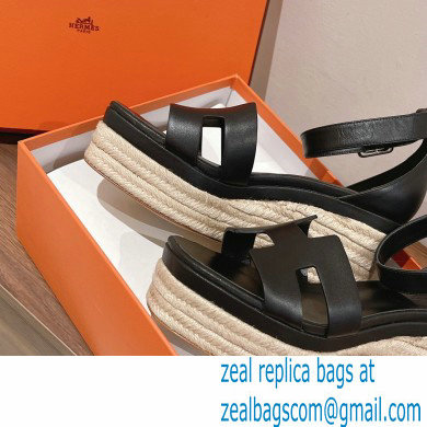 Hermes Heel 8.5cm Platform 5cm Elda Wedge Espadrilles Black 2022