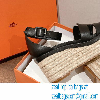 Hermes Heel 8.5cm Platform 5cm Elda Wedge Espadrilles Black 2022 - Click Image to Close