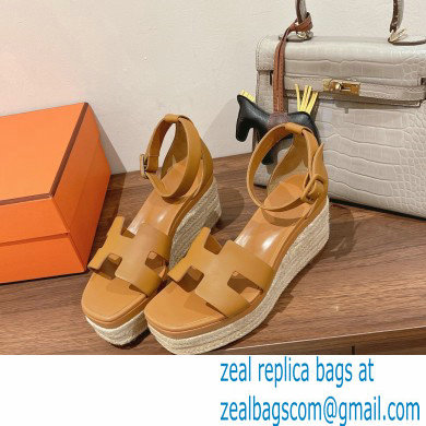 Hermes Heel 8.5cm Platform 5cm Elda Wedge Espadrilles Brown 2022 - Click Image to Close