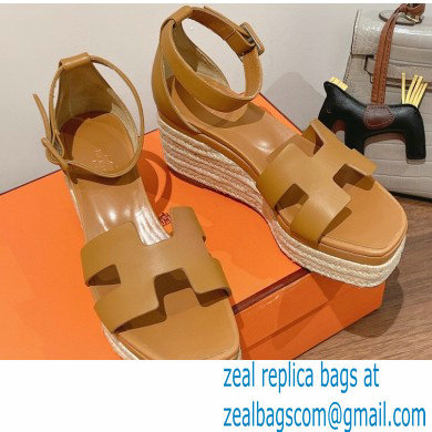 Hermes Heel 8.5cm Platform 5cm Elda Wedge Espadrilles Brown 2022