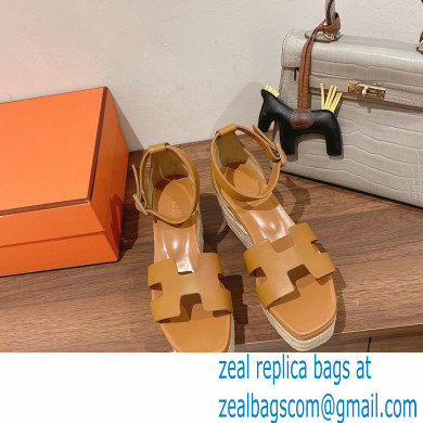 Hermes Heel 8.5cm Platform 5cm Elda Wedge Espadrilles Brown 2022