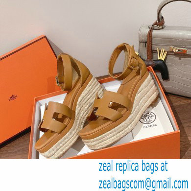 Hermes Heel 8.5cm Platform 5cm Elda Wedge Espadrilles Brown 2022