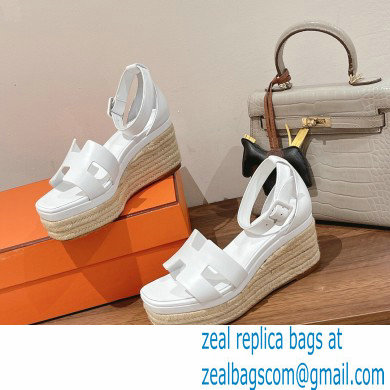 Hermes Heel 8.5cm Platform 5cm Elda Wedge Espadrilles White 2022 - Click Image to Close