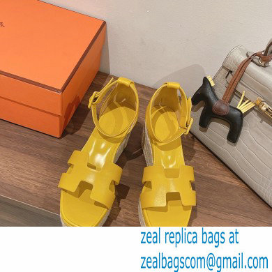 Hermes Heel 8.5cm Platform 5cm Elda Wedge Espadrilles Yellow 2022 - Click Image to Close