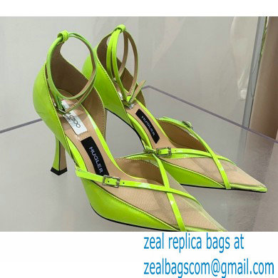 Jimmy Choo Heel 9cm JIMMY CHOO/MUGLER Leather and Mesh Pumps with Straps Neon Yellow 2022 - Click Image to Close