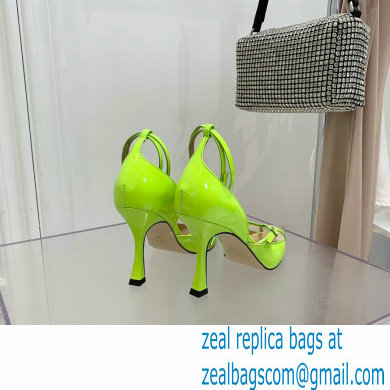 Jimmy Choo Heel 9cm JIMMY CHOO/MUGLER Leather and Mesh Pumps with Straps Neon Yellow 2022 - Click Image to Close