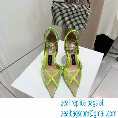 Jimmy Choo Heel 9cm JIMMY CHOO/MUGLER Leather and Mesh Pumps with Straps Neon Yellow 2022 - Click Image to Close