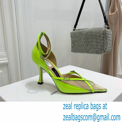 Jimmy Choo Heel 9cm JIMMY CHOO/MUGLER Leather and Mesh Pumps with Straps Neon Yellow 2022 - Click Image to Close