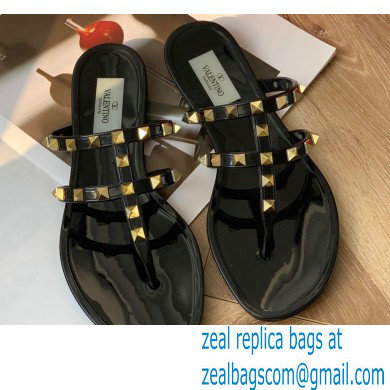 Valentino Rockstud Flat Rubber Thong Slide Sandals Black