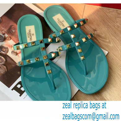 Valentino Rockstud Flat Rubber Thong Slide Sandals Blue