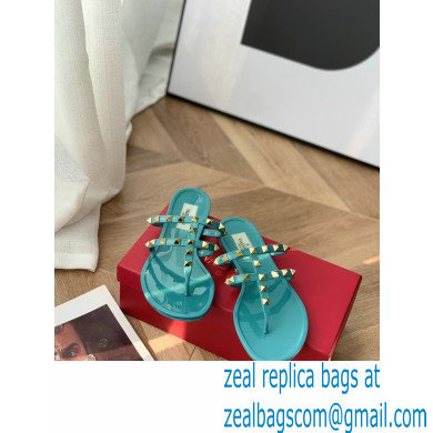Valentino Rockstud Flat Rubber Thong Slide Sandals Blue