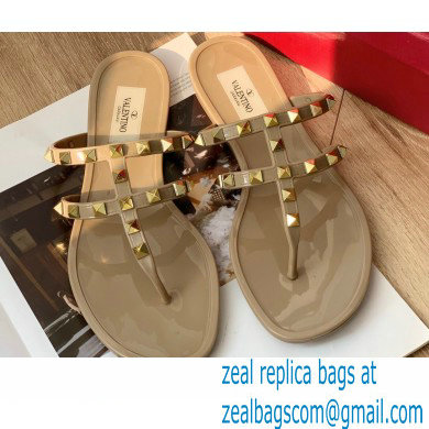 Valentino Rockstud Flat Rubber Thong Slide Sandals Nude