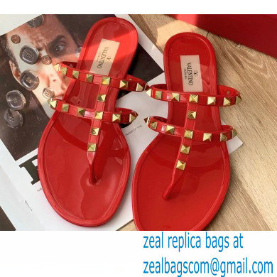 Valentino Rockstud Flat Rubber Thong Slide Sandals Red