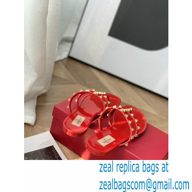 Valentino Rockstud Flat Rubber Thong Slide Sandals Red