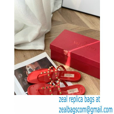 Valentino Rockstud Flat Rubber Thong Slide Sandals Red