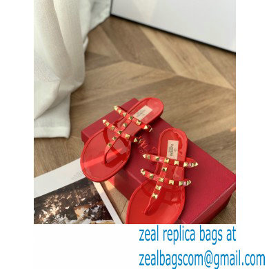 Valentino Rockstud Flat Rubber Thong Slide Sandals Red