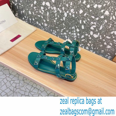 Valentino Roman Stud Flat Sandals With Enameled Studs Green 2022