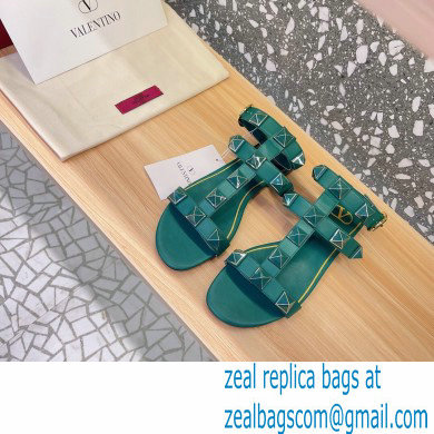Valentino Roman Stud Flat Sandals With Enameled Studs Green 2022
