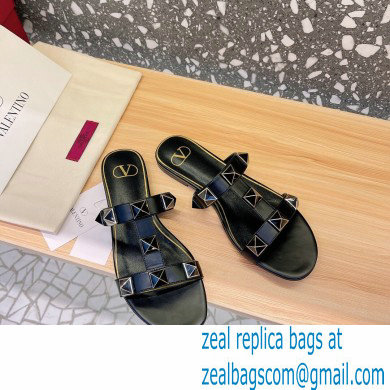 Valentino Roman Stud Flat Slide Sandals With Enameled Studs Black 2022