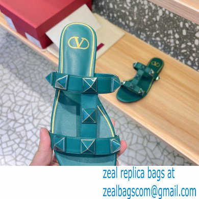 Valentino Roman Stud Flat Slide Sandals With Enameled Studs Green 2022