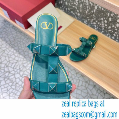 Valentino Roman Stud Flat Slide Sandals With Enameled Studs Green 2022