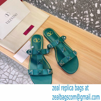 Valentino Roman Stud Flat Slide Sandals With Enameled Studs Green 2022