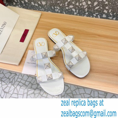Valentino Roman Stud Flat Slide Sandals With Enameled Studs White 2022