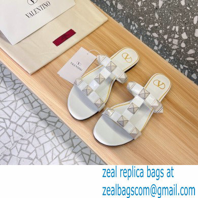 Valentino Roman Stud Flat Slide Sandals With Enameled Studs White 2022