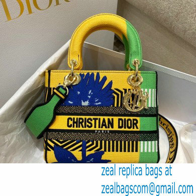 dior Bright Yellow and Green D-Flower Pop Embroidery Medium Lady D-Lite Bag