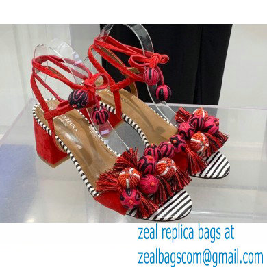 Aquazzura Heel 5.5cm Pom Pom Embellished Fringe Tassel Suede Sandals 07 2022 - Click Image to Close