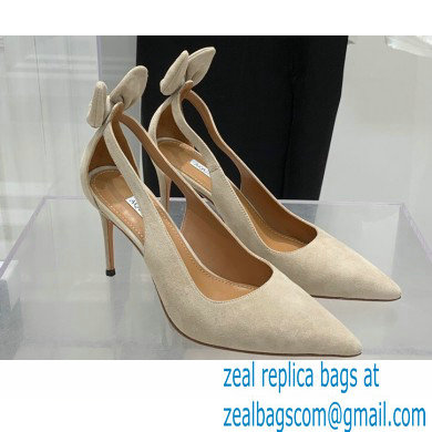 Aquazzura Heel 9.5cm Bow Tie Pumps Suede Creamy 2022