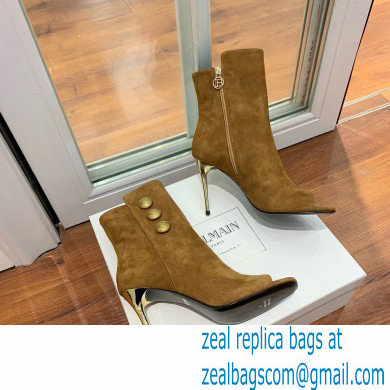 Balmain Heel 10.5cm Roma Ankle Boots Suede Brown 2022 - Click Image to Close