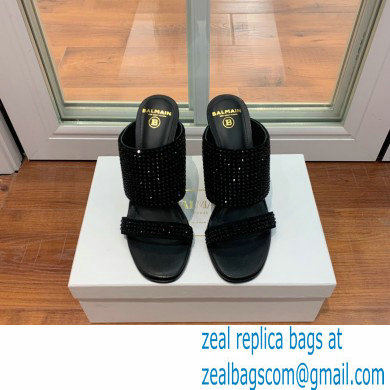 Balmain Heel 10.5cm Suede Crystal Mules All Black 2022 - Click Image to Close