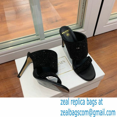 Balmain Heel 10.5cm Suede Crystal Mules All Black 2022 - Click Image to Close