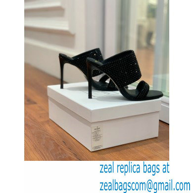 Balmain Heel 10.5cm Suede Crystal Mules All Black 2022 - Click Image to Close