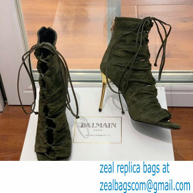 Balmain Heel 10.5cm Suede Scarlet lace-up Ankle Boots Army Green 2022 - Click Image to Close