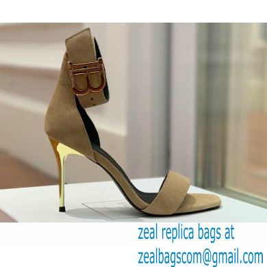 Balmain Heel 9.5cm Rudie Sandals Suede Beige 2022 - Click Image to Close