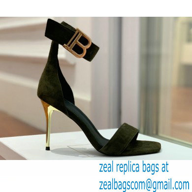 Balmain Heel 9.5cm Rudie Sandals Suede Dark Green 2022 - Click Image to Close