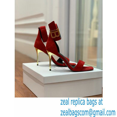 Balmain Heel 9.5cm Rudie Sandals Suede Red 2022 - Click Image to Close