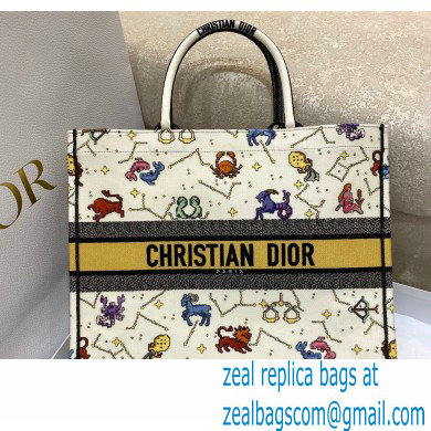 Dior Large Book Tote Bag in Latte Multicolor Pixel Zodiac Embroidery 2022