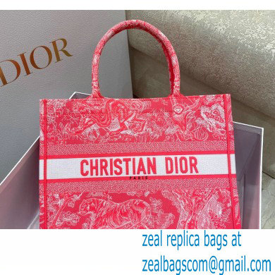 Dior Medium Book Tote Bag in Toile de Jouy Reverse Embroidery Fluorescent Pink 2022 - Click Image to Close