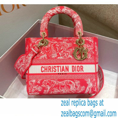 Lady Dior Medium D-Lite Bag in Toile de Jouy Reverse Embroidery Fluorescent Pink 2022