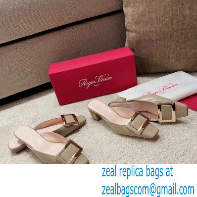 Roger Vivier Heel 2.5cm/4.5cm Belle Vivier Metal Buckle Mules in Patent Leather Beige - Click Image to Close