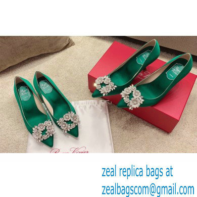 Roger Vivier Heel 4.5cm/8.5cm Flower Strass Buckle Pumps Satin Green - Click Image to Close