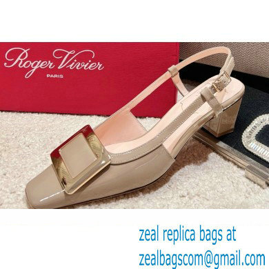 Roger Vivier Heel 4.5cm Belle Vivier Metal Buckle Slingback Pumps in Patent Leather Beige - Click Image to Close