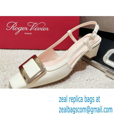 Roger Vivier Heel 4.5cm Belle Vivier Metal Buckle Slingback Pumps in Patent Leather White - Click Image to Close